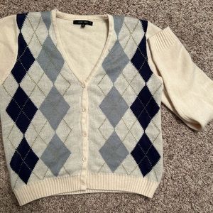 white and blue cardigan sweater size large